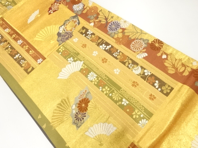 変わり市松に扇散らし・花模様織出し袋帯